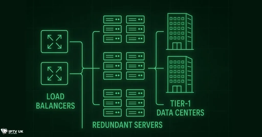 Diagram of reliable IPTV service infrastructure including load balancing and uptime-focused servers