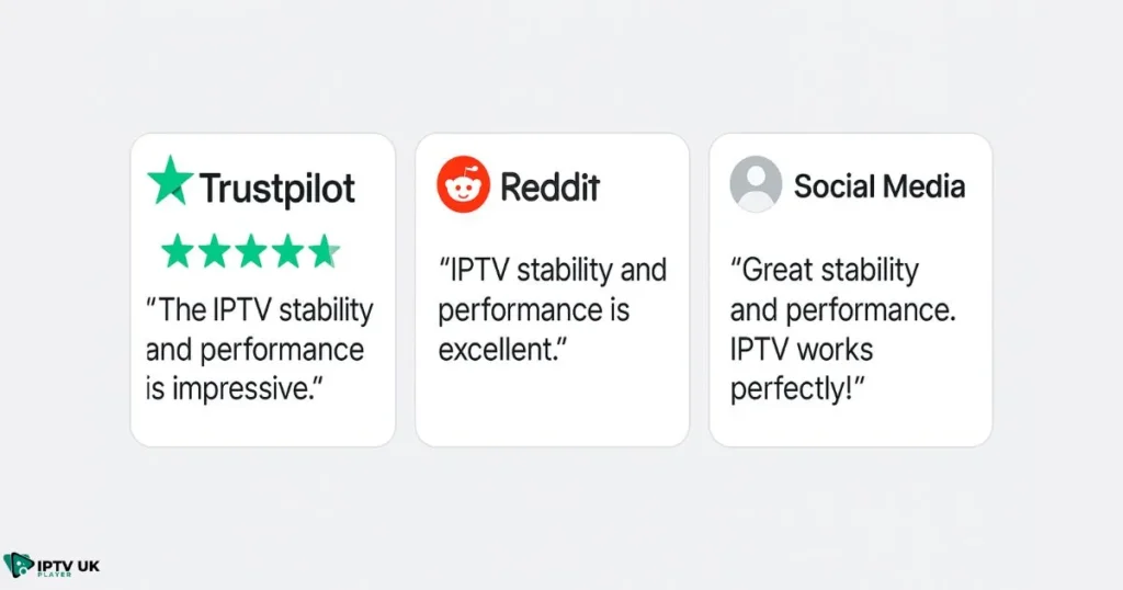 Real user reviews highlighting trust and uptime of a reliable IPTV service in the UK