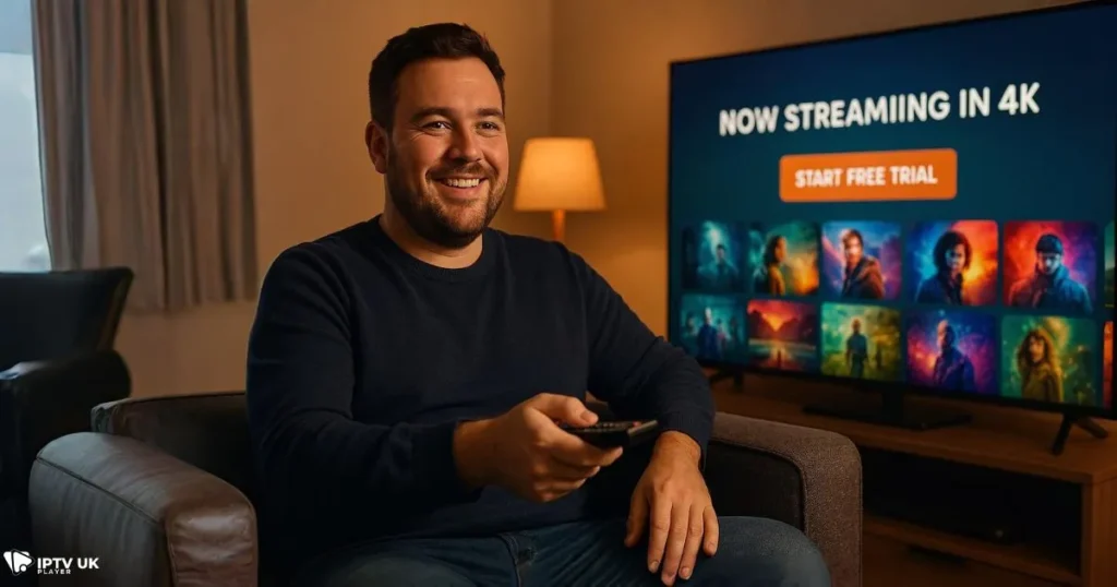 UK viewer enjoying a 4K live IPTV subscription with vibrant streaming experience