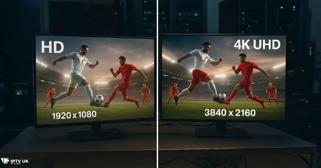 Side-by-side comparison of HD and 4K resolution on live IPTV streaming