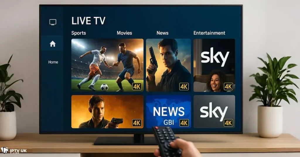 UK IPTV 4K subscription interface showing 4K live channels in a modern setup