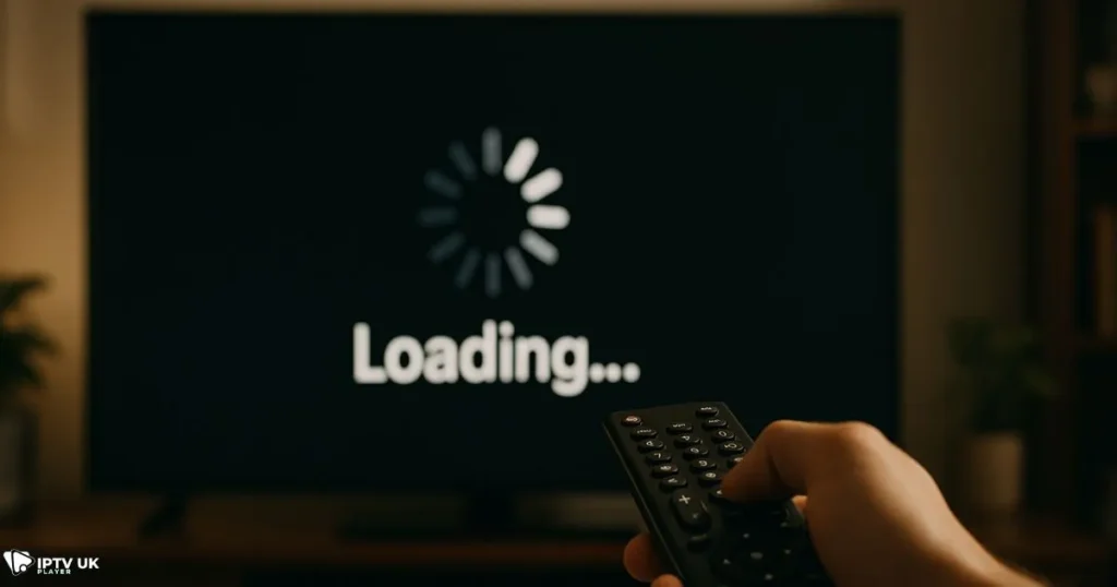 TV screen stuck on buffering, showing common symptoms when IPTV keeps buffering during playback.