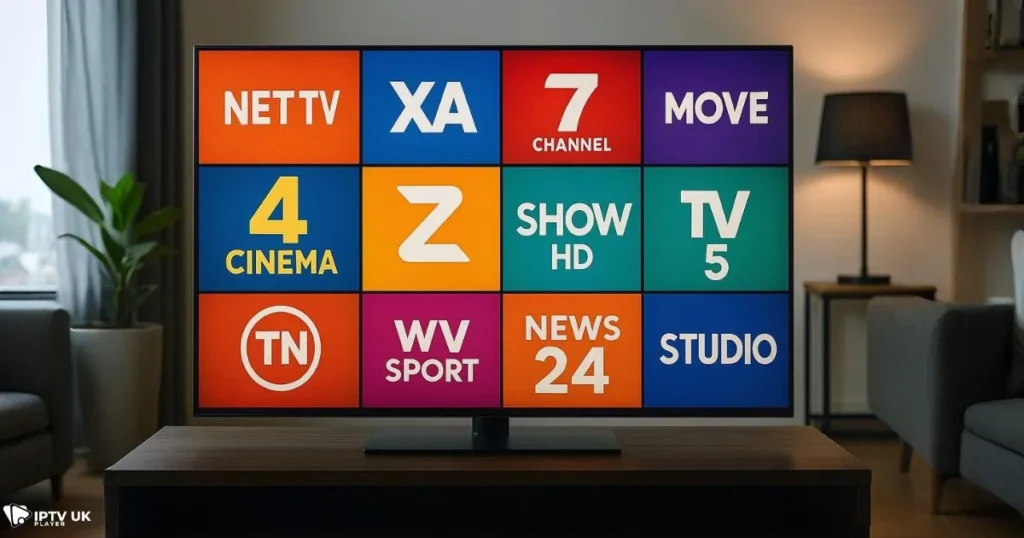 A smart TV displaying the best IPTV UK channels including sports, movies, and British entertainment.
