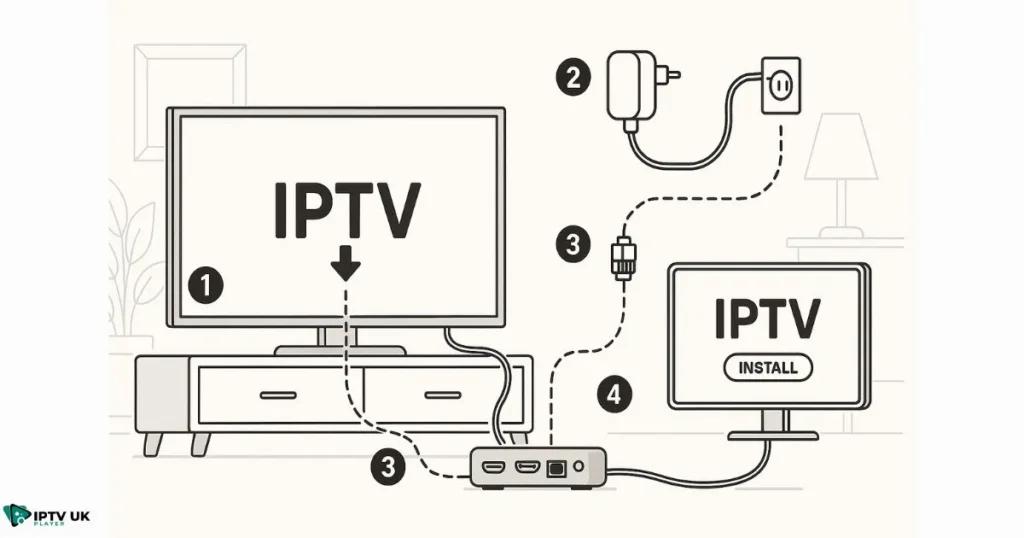 Visual guide explaining IPTV box setup UK process in simple steps