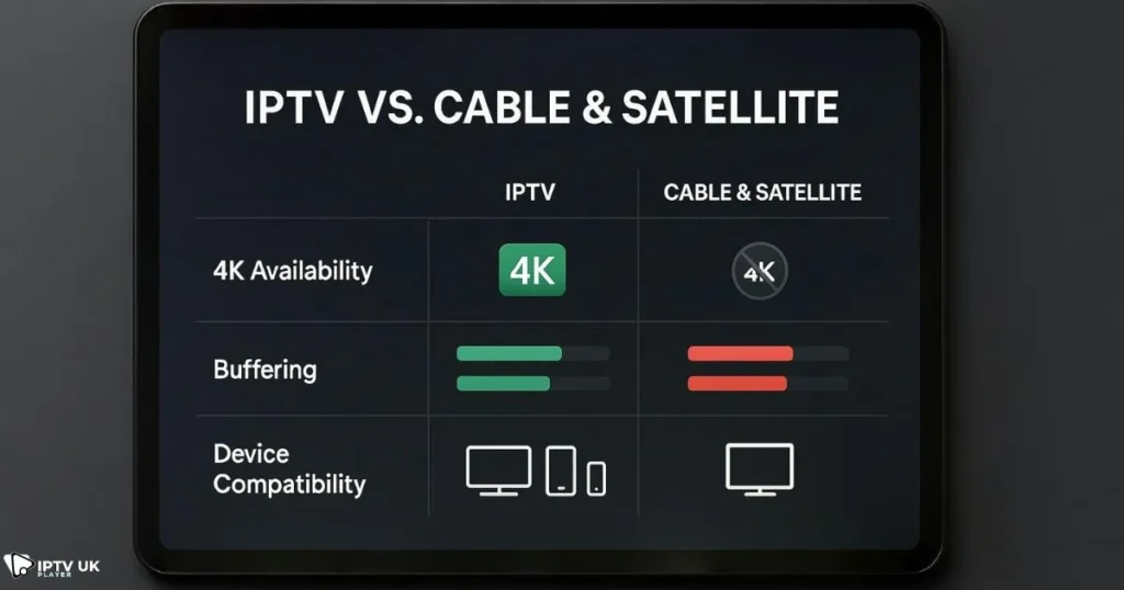 Comparison of IPTV media streaming quality against traditional cable and satellite, emphasizing superior iptv quality and digital tv experience.
