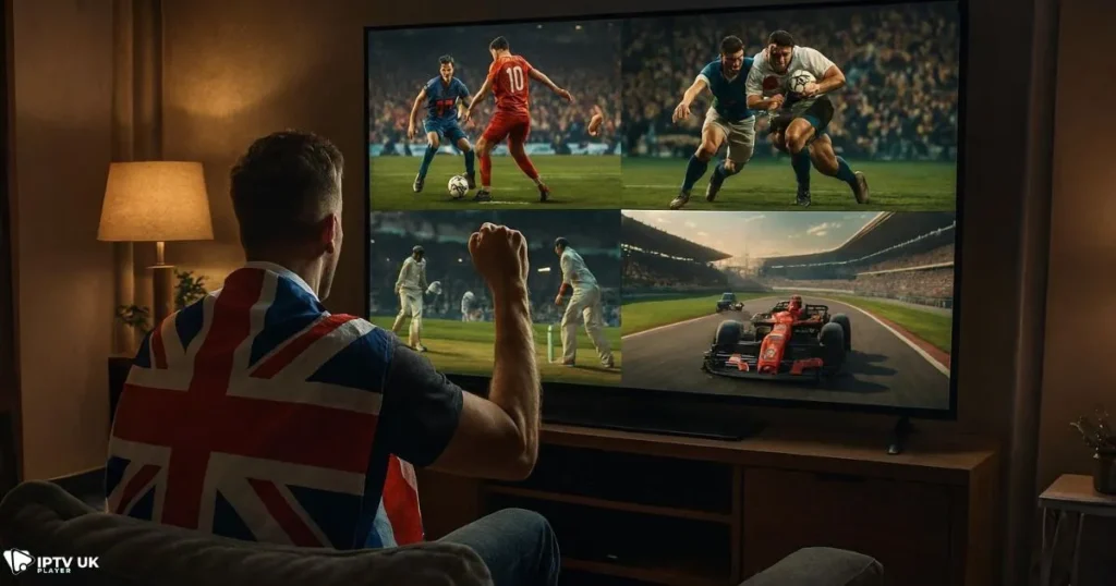 A UK sports fan enjoying premium IPTV UK sports coverage at home.