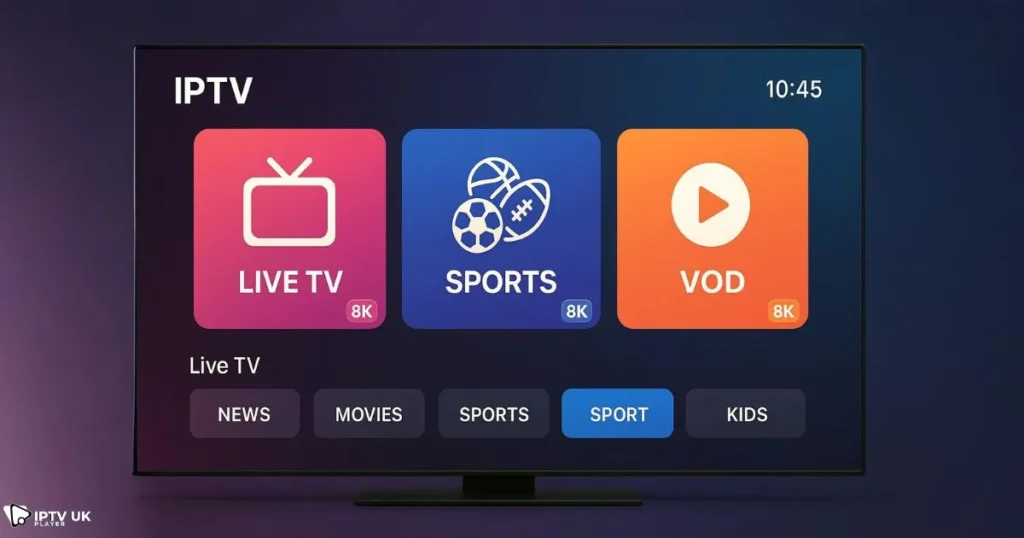 IPTV UK Player interface offering iptv 8k stream channels and ultra HD on-demand content.
