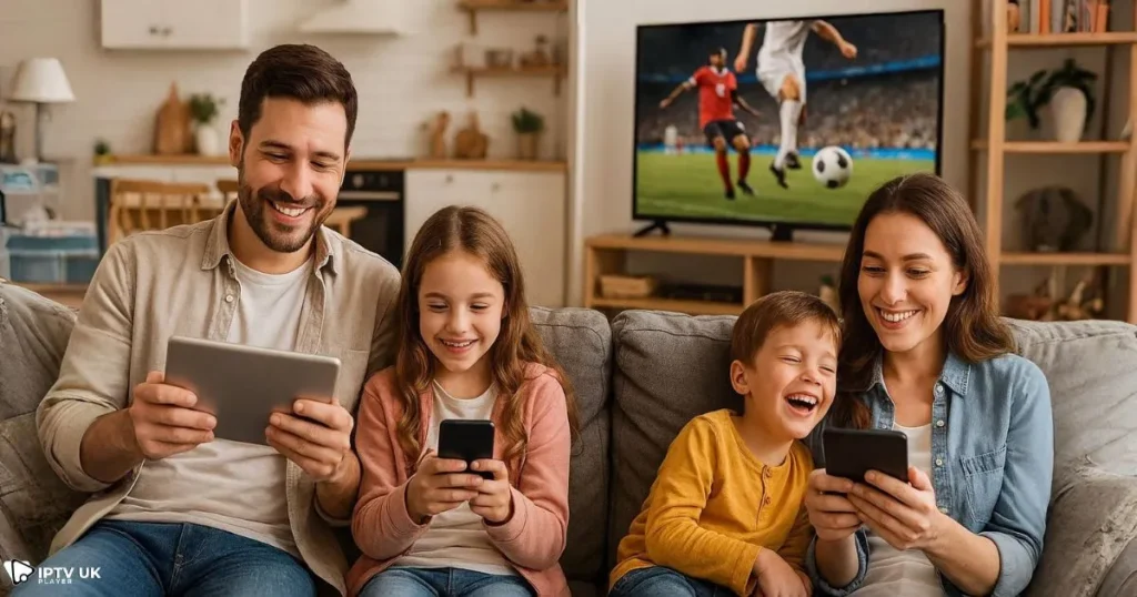 Family enjoying IPTV media streaming on multiple devices, showcasing the convenience and flexibility of digital TV.
