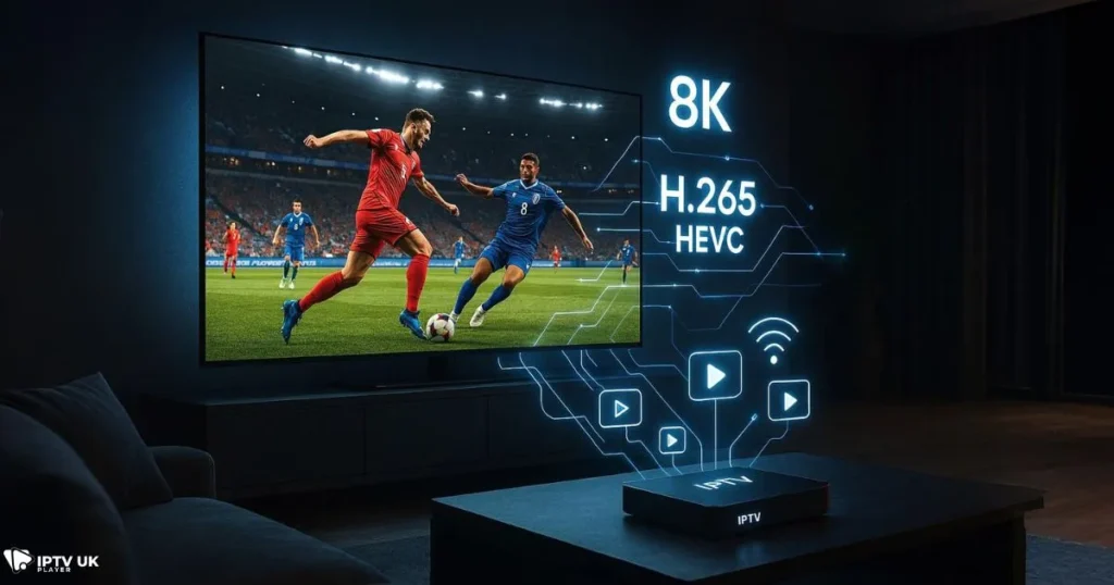A modern living room with a large 8K television streaming IPTV content in ultra-high definition, showing vibrant colors and smooth playback, symbolizing H.265 encoding and fast CDN delivery.