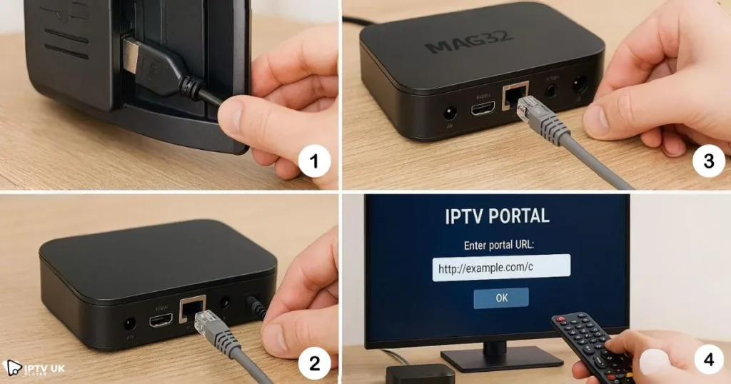 MAG 322 setup guide showing how to connect cables and configure IPTV portal in the UK.