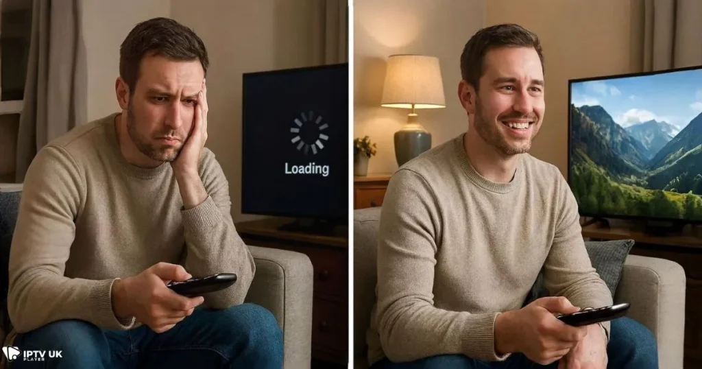 Before and after switching to static IPTV for buffer-free streaming.