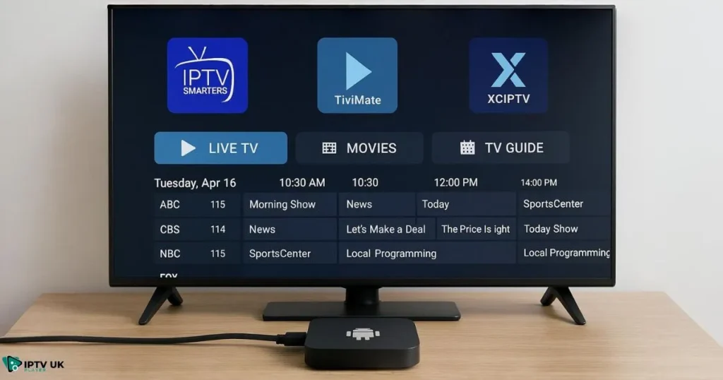 Smart TV displaying android IPTV player apps on an Android TV box for streaming in 2025.