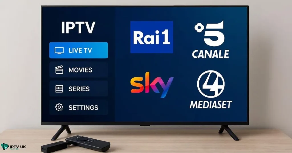 Smart TV displaying italian iptv uk channels with Rai and Mediaset using iptv italia service.