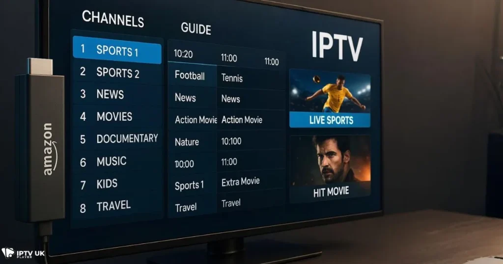 TV interface highlighting Firestick IPTV features with organized channel list