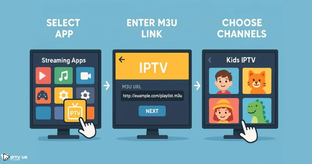 Guide showing how to set up IPTV apps to watch kids shows online.