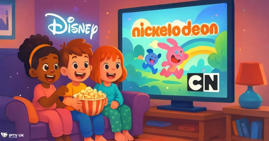 Kids enjoying IPTV apps with access to kids IPTV channels to watch cartoons online.