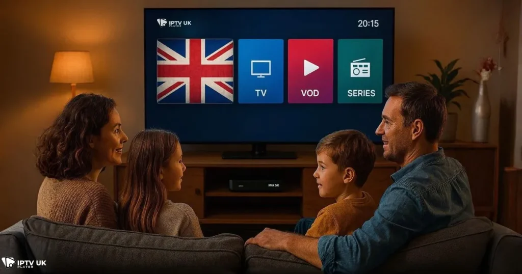 Family enjoying MAG 322 subscription with IPTV channels in the UK living room