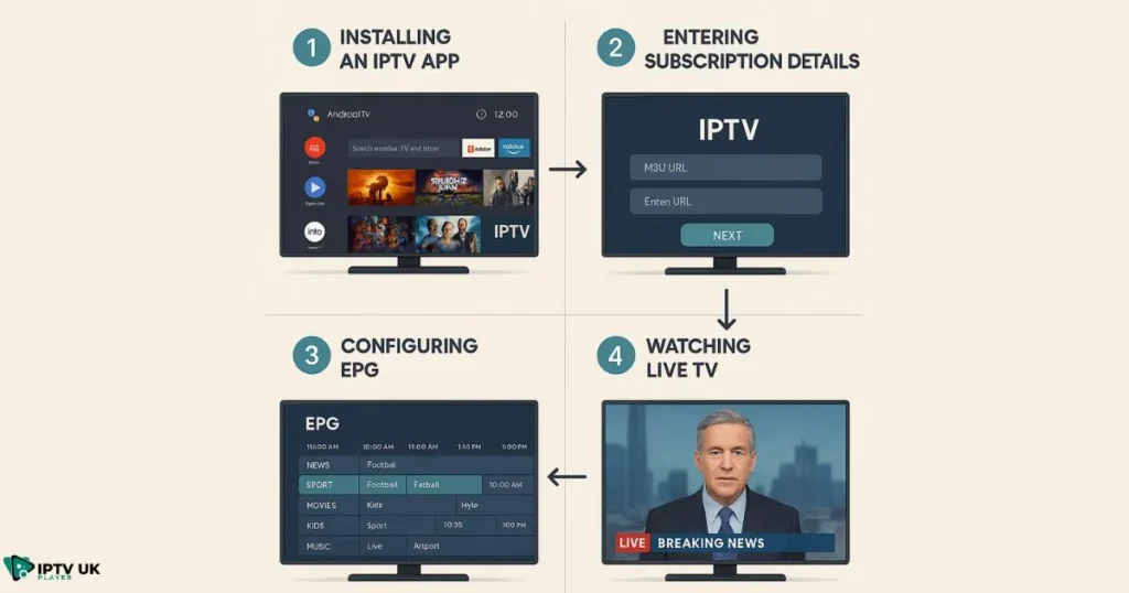 Step-by-step android tv iptv setup guide showing installation and configuration of IPTV apps.
