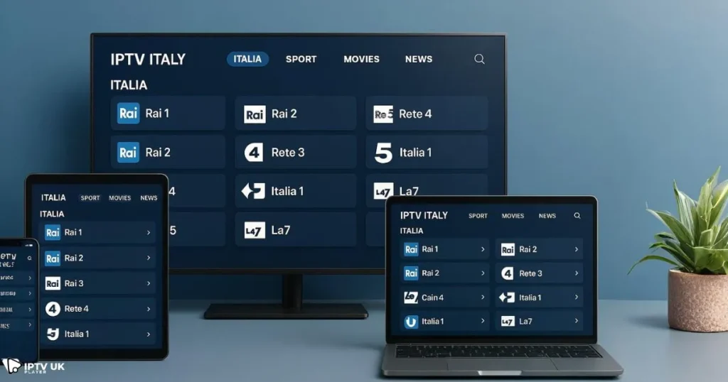 Different devices using iptv italy app to stream italian tv online uk across mobile, tablet, and Smart TV.