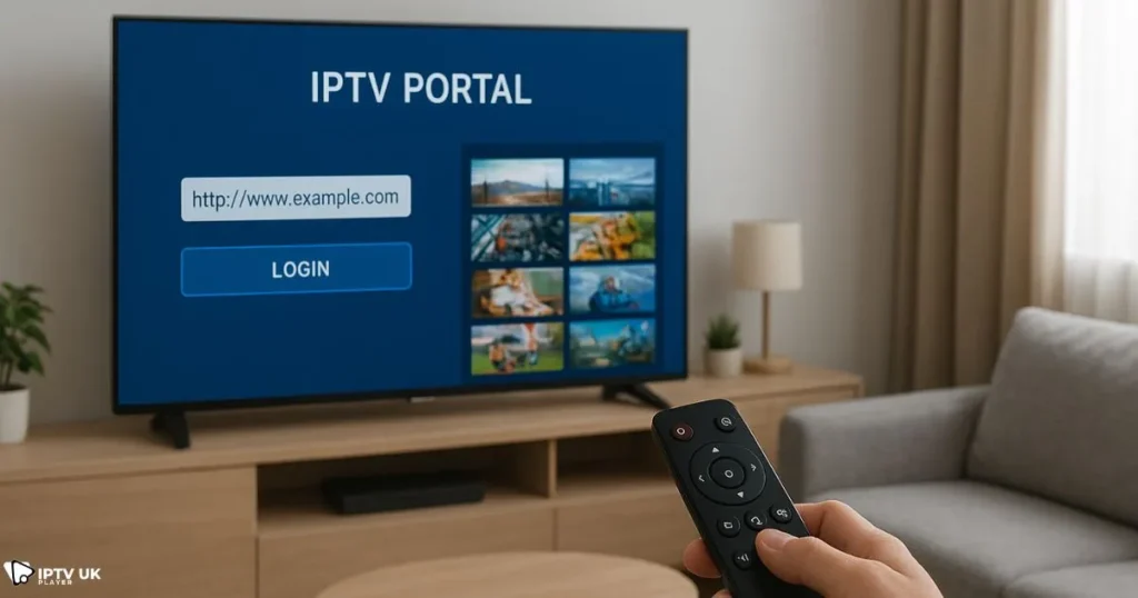 Smart iptv portal setup process on a Smart TV showing portal login and channel loading.