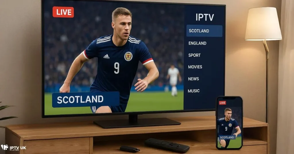 Smart IPTV setup showing Scotland football on TV across multiple devices with HD streaming.