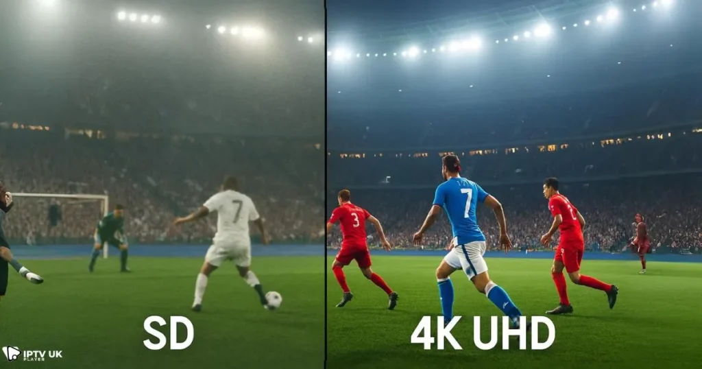 Experience the difference between SD and HD IPTV stream quality for live sports and movies.