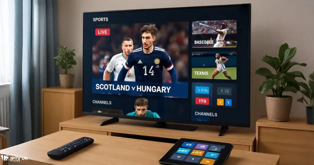Smart IPTV setup streaming Scotland game live stream with multiple channels available.
