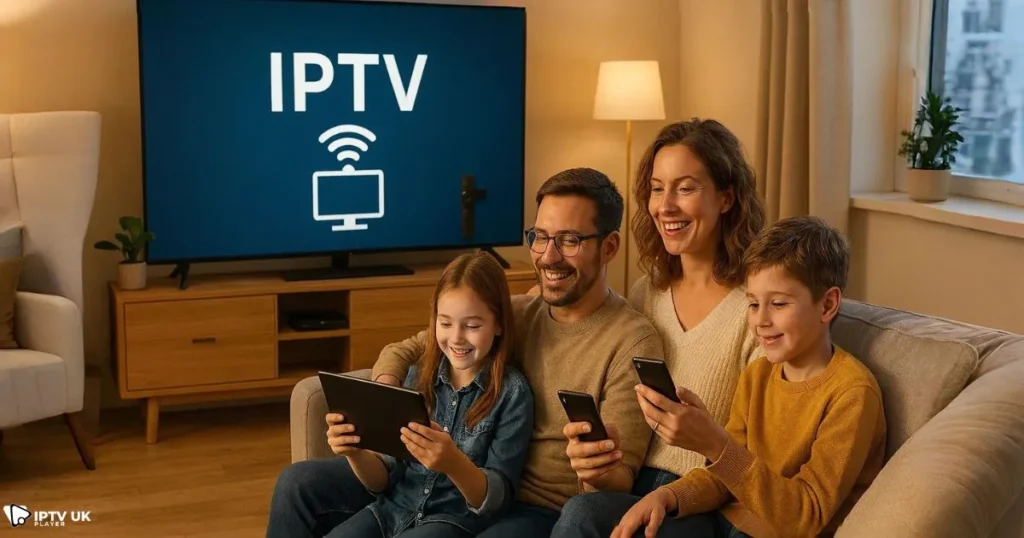UK family enjoying British iptv services on multiple devices from a reliable iptv service provider.