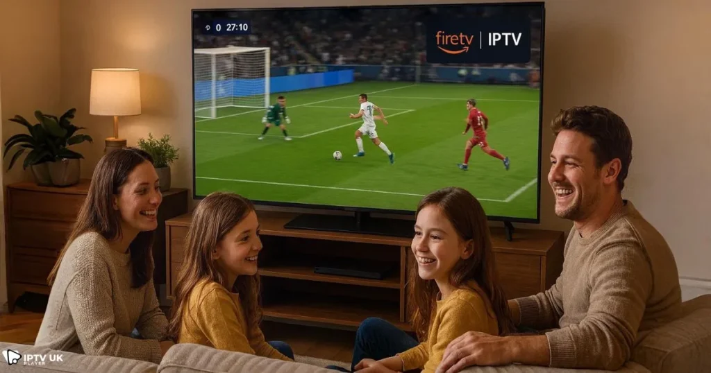 Family enjoying Firestick IPTV benefits with smooth streaming quality on TV.