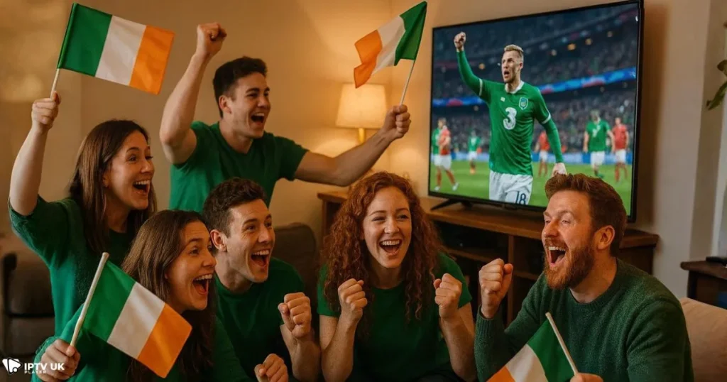 Irish fans celebrating while they watch Irish sport TV live in the UK.