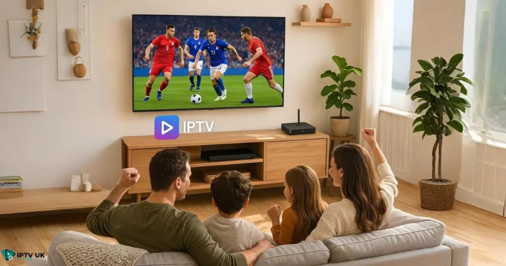 Family enjoying IPTV subscription android with the best iptv box app for smooth streaming.