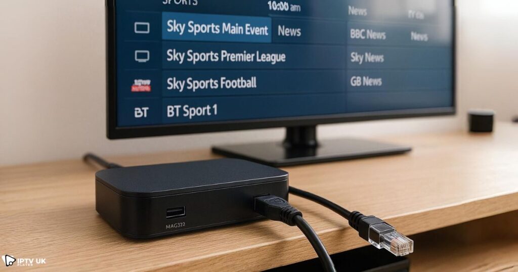 MAG 322 IPTV UK box setup showing cables and TV display with live UK channels.