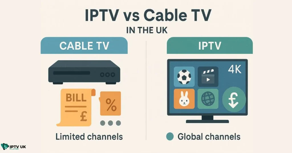 Infographic comparing UK IPTV service with cable TV for British families.