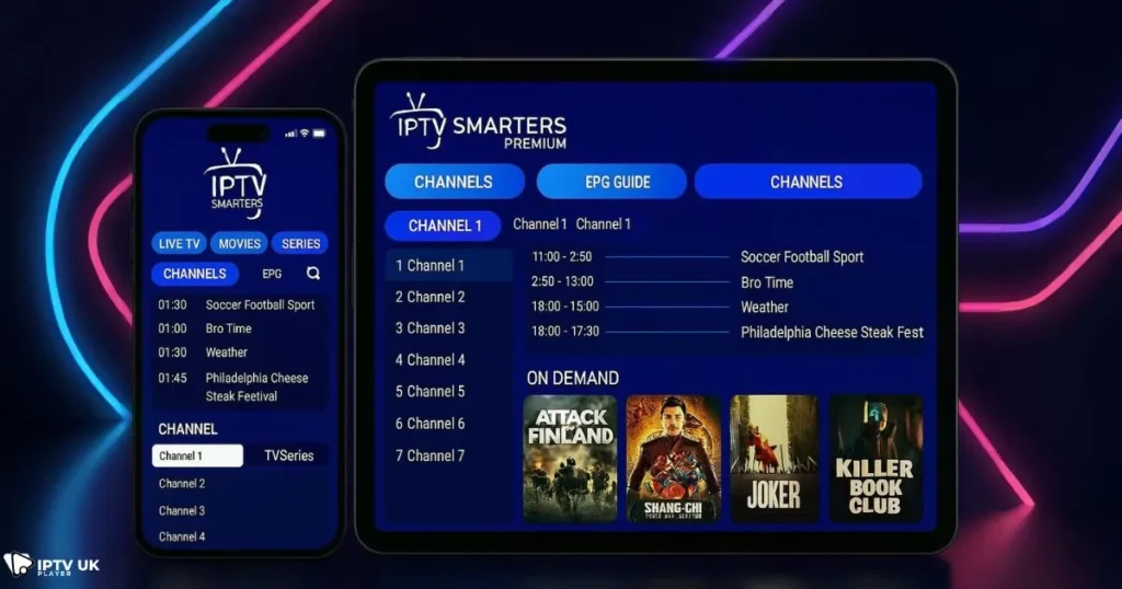 Mobile view of IPTV Smarters Premium features on Android and iOS devices