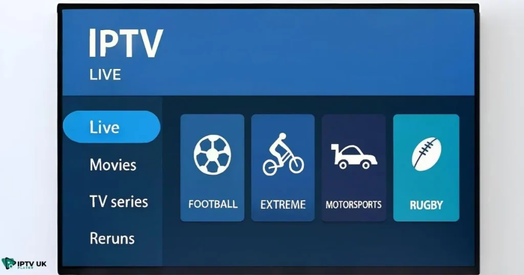 Live sports IPTV interface showcasing lifestyle sports options