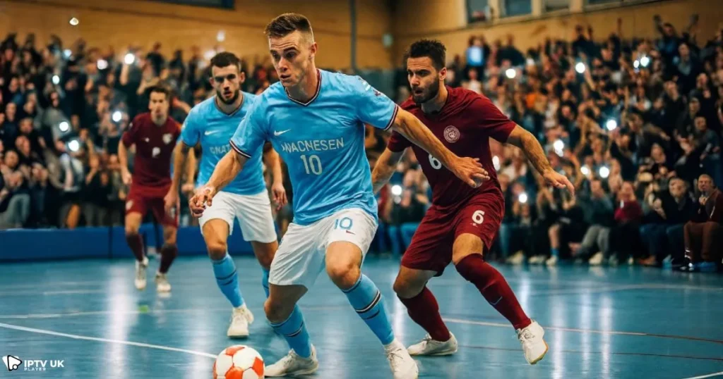 Fans streaming a Manchester futsal live stream while watching the game in the arena