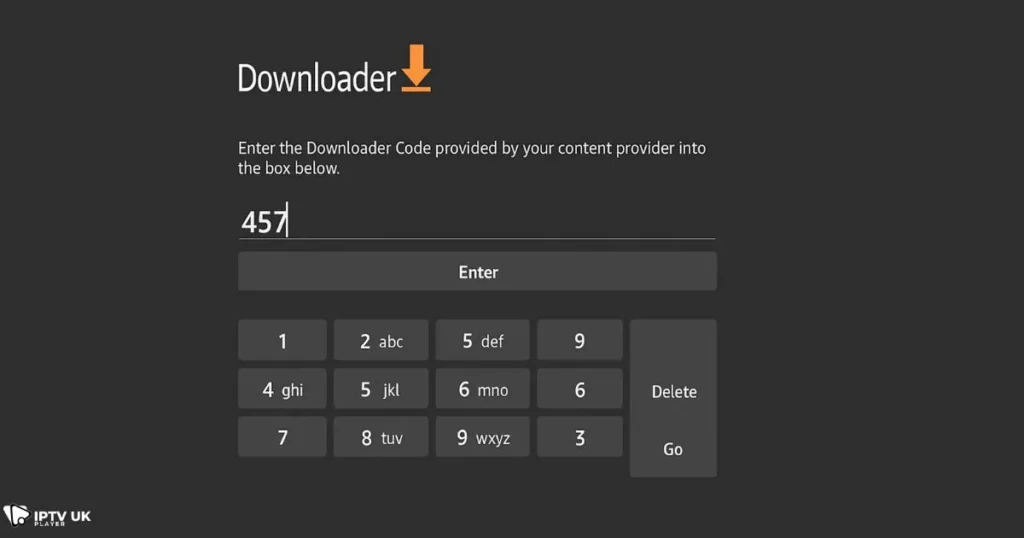 User entering tivimate downloader code in the Downloader app on Firestick IPTV setup