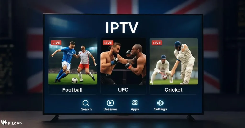UK IPTV streaming service showcasing live sports IPTV with multiple sports on screen.