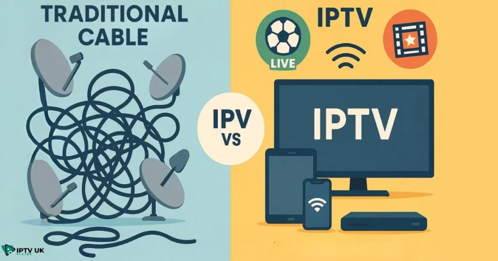 Comparison of IPTV and traditional cable, showing flexibility of IPTV multi-device streaming for television and sports in the UK