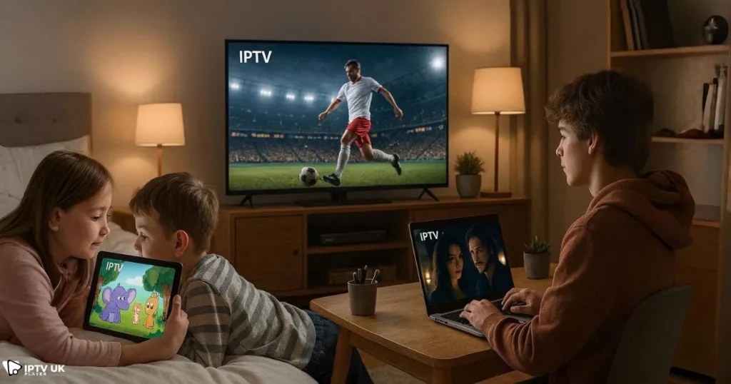 Family using multi device IPTV for kids and parents in a UK household.