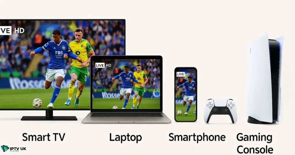 Multi-device football streaming options including Smart TV, laptop, smartphone, and console.