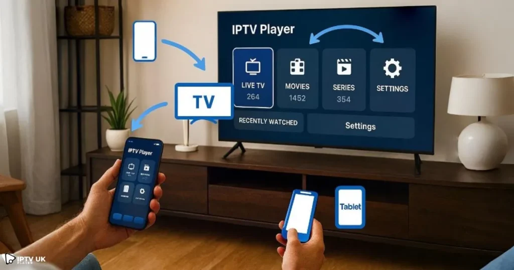 User enjoying multi device iptv with xtream iptv code 2025 on smart TV and smartphone