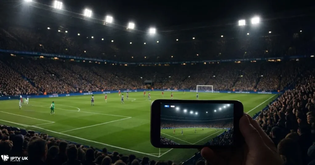 Fans watching IPTV football UK live matches both in-stadium and on mobile devices.