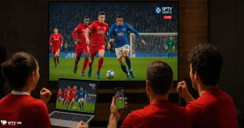 Football fans in the UK using IPTV sports channels to watch live sports IPTV on multiple devices.
