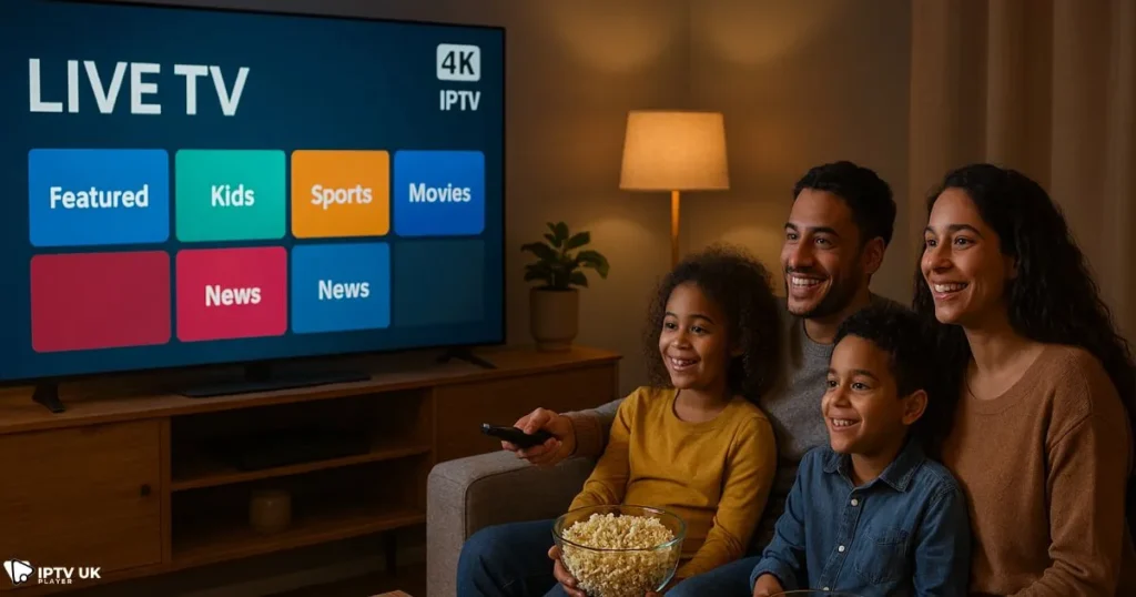 British family enjoying 4K IPTV UK streaming together at home.