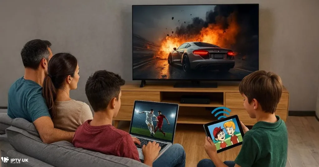 Family using multi-device IPTV service for premium home streaming