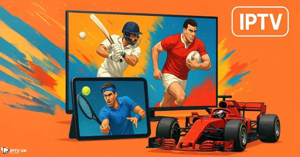 Sports IPTV subscription showing cricket, rugby, tennis, and F1 streaming in the UK.