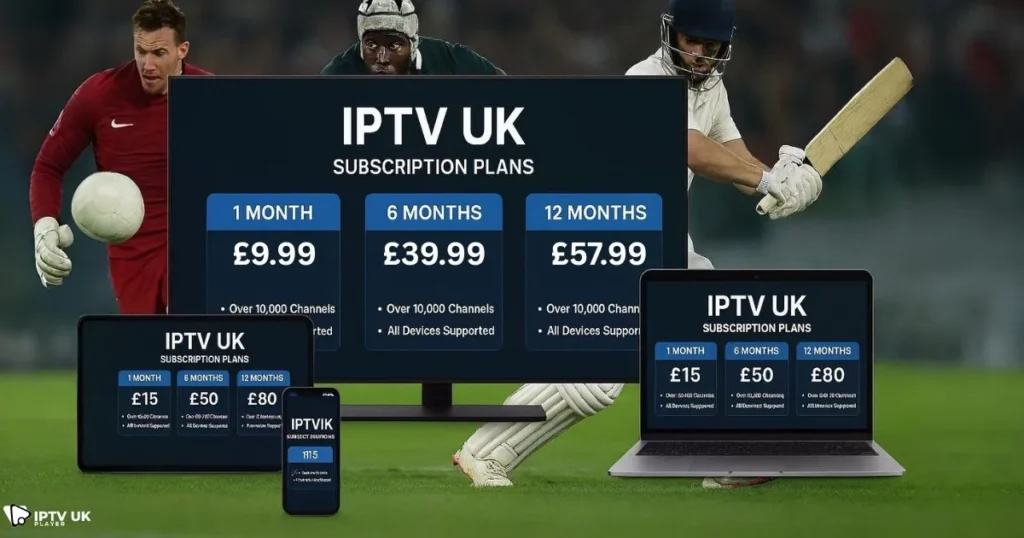 isual of UK IPTV subscription plans displayed across IPTV streaming apps on multi-device screens.