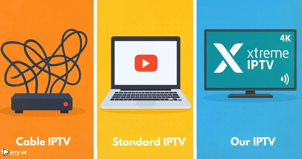 Xtreme IPTV comparison showing best iptv setup vs cable and standard streaming