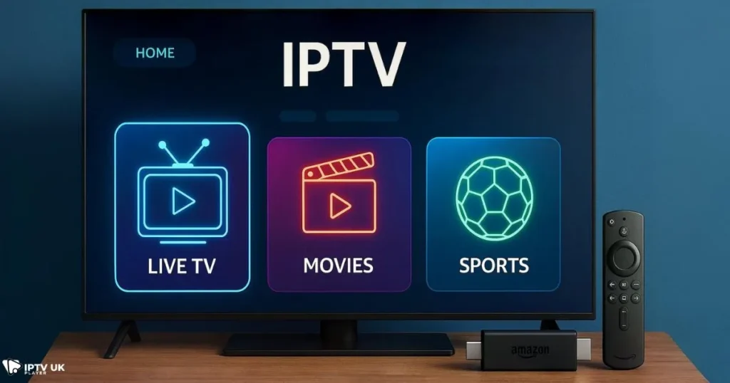 Firestick IPTV features displayed on a modern TV interface with clear channel options.